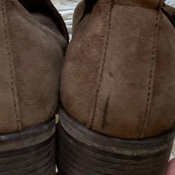 See By Chloé Janis Brown Suede Leather Straps Stacked Heel Ankle Boots Size 37.5