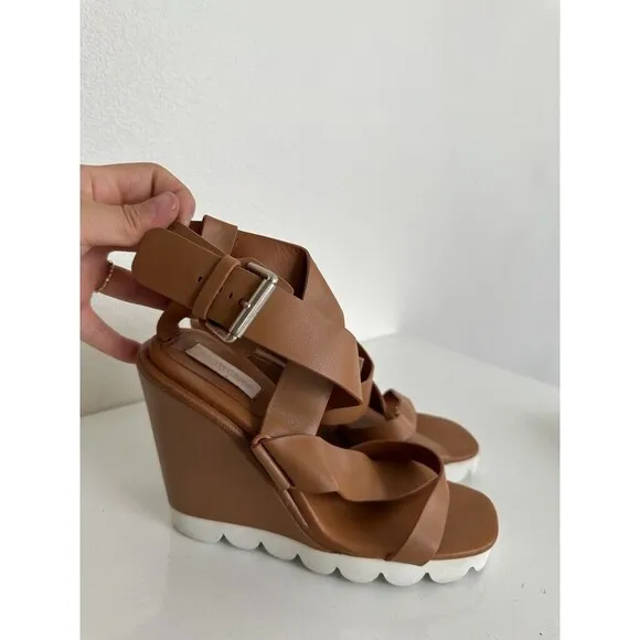 SeebyChloe Chloe Strappy Wedge Sandals Cognac Brown Buckle Women's EU 38.5 US 8