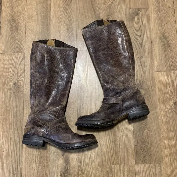 SENDRA Women's Riding Boot Size 6.5 Tall Distress Crackle Finish Leather Taupe