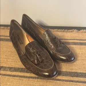 [SESTO MEUCCI] Brown Crocodile Pattern Loafers with Tassels - Size 9.5