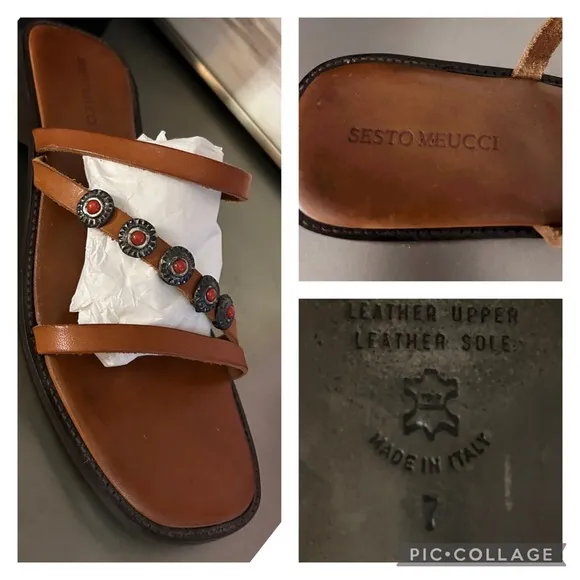 Sesto Meucci Brown Leather Strappy Sandals | Made in Italy | silver / red detail