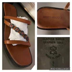 Sesto Meucci Brown Leather Strappy Sandals | Made in Italy | silver / red detail