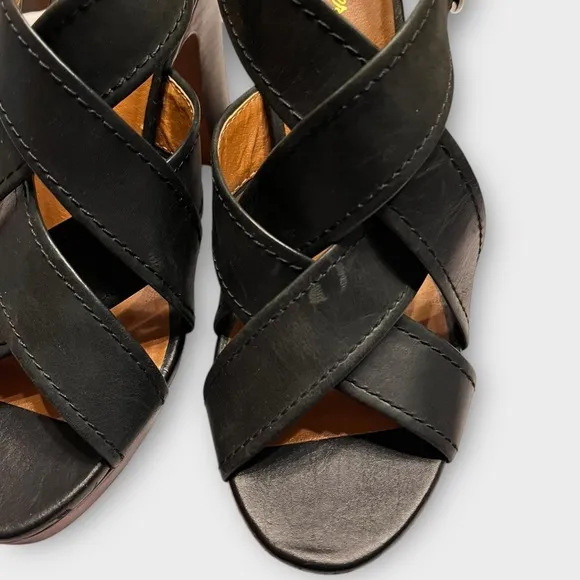 SEYCHELLES black leather stacked wood block heel strappy sandals Size 9