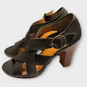 SEYCHELLES black leather stacked wood block heel strappy sandals Size 9