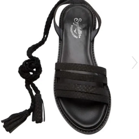 Seychelles Botanical Black Exotic Strappy Ankle Flat Sandals Size 7M NIB