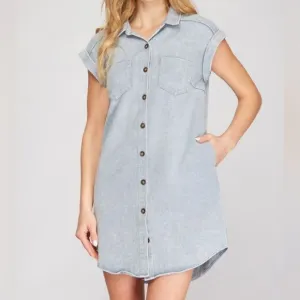 She   Sky Folded Cuff Button Down Women's Light Blue Denim Shirt Dress