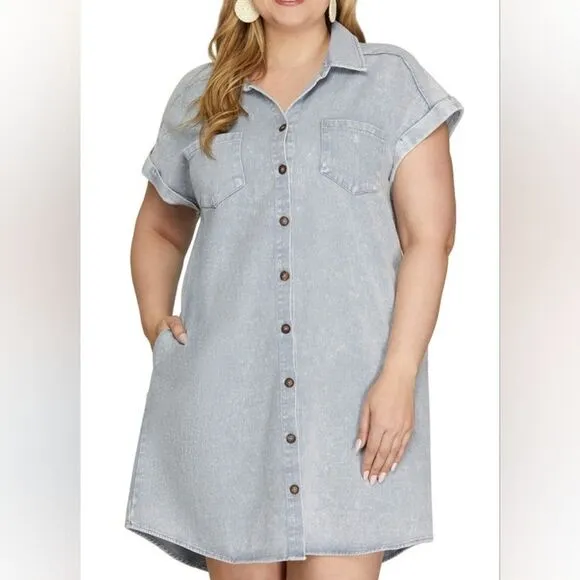 She   Sky Folded Cuff Button Down Women's Light Blue Denim Shirt Dress