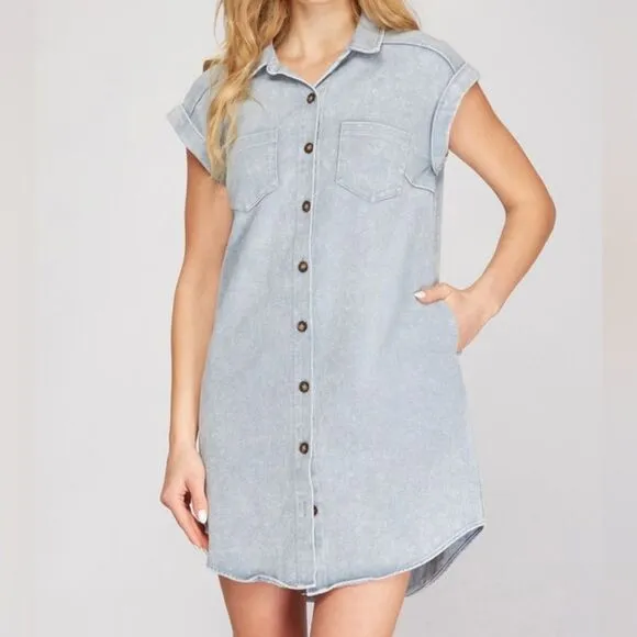 She   Sky Folded Cuff Button Down Women's Light Blue Denim Shirt Dress