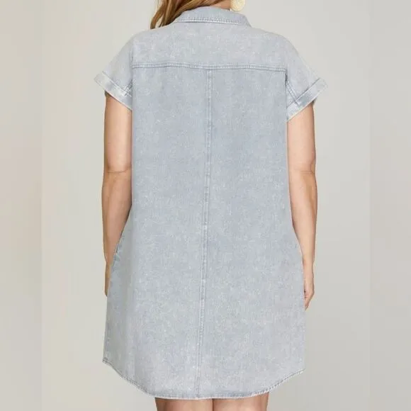 She   Sky Folded Cuff Button Down Women's Light Blue Denim Shirt Dress