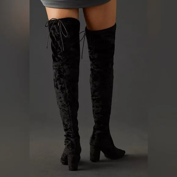 Silent D Over The Knee Boots Crushed Stretch Velvet Solid Black EU38 US7 New
