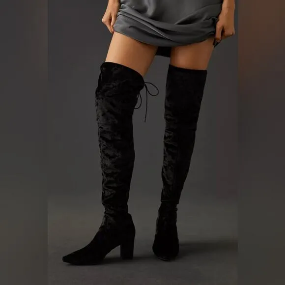 Silent D Over The Knee Boots Crushed Stretch Velvet Solid Black EU38 US7 New