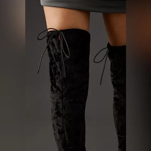 Silent D Over The Knee Boots Crushed Stretch Velvet Solid Black EU38 US7 New