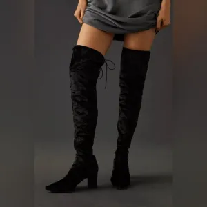 Silent D Over The Knee Boots Crushed Stretch Velvet Solid Black EU38 US7 New