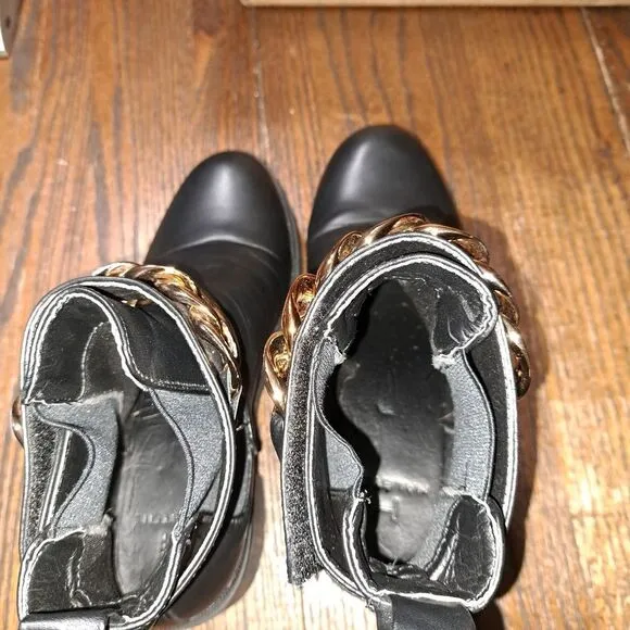 Size 11 H Halston Black Manila Gold Chain Lug Sole Bootie Chunky Boots