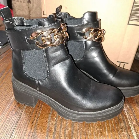 Size 11 H Halston Black Manila Gold Chain Lug Sole Bootie Chunky Boots