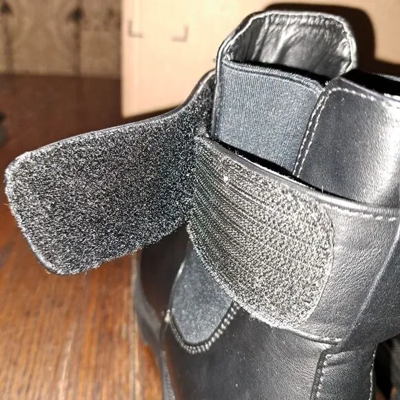 Size 11 H Halston Black Manila Gold Chain Lug Sole Bootie Chunky Boots