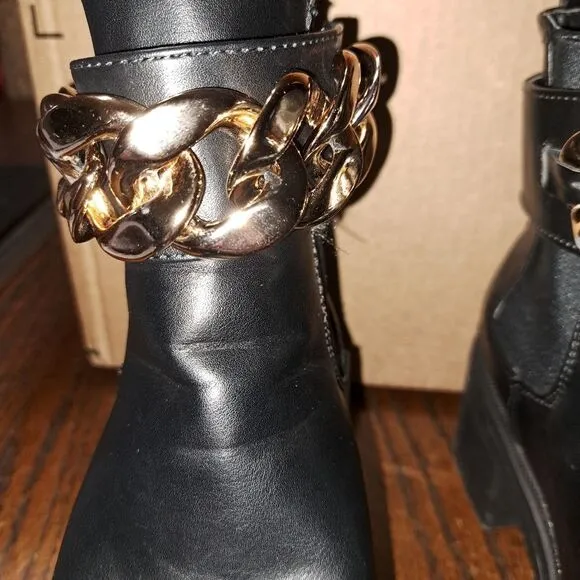 Size 11 H Halston Black Manila Gold Chain Lug Sole Bootie Chunky Boots