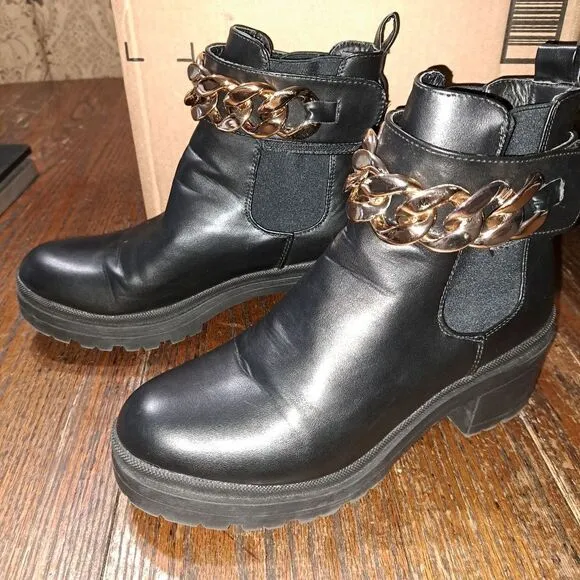 Size 11 H Halston Black Manila Gold Chain Lug Sole Bootie Chunky Boots