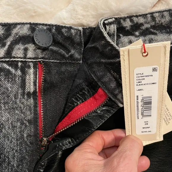 Size 26 NWT Alice and Olivia Austin jeans skirt denim vegan leather black mini