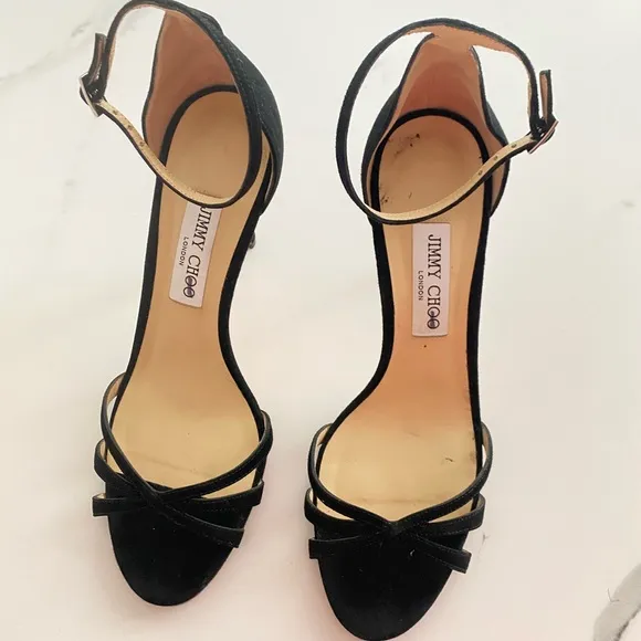 Size 41, Jimmy Choo, Black Suede Strappy Stiletto Sandals.
