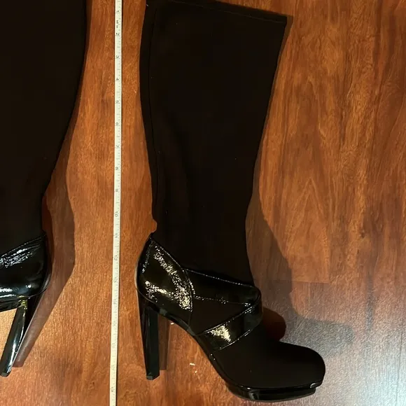 size 5.5 Michael Kors Black stretch heels knee 4.5” high boots with gold buckle