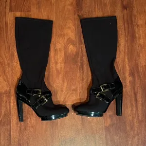 size 5.5 Michael Kors Black stretch heels knee 4.5” high boots with gold buckle