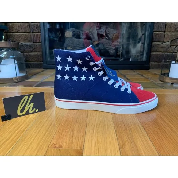 Size 8 Polo Ralph Lauren Solomon IV Red White Blue Canvas Sneakers 01087