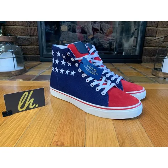 Size 8 Polo Ralph Lauren Solomon IV Red White Blue Canvas Sneakers 01087