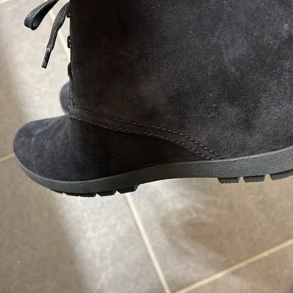 Size 8.5 PRADA women’s dessert black Suede Lace Up Wedge Booties/ boot