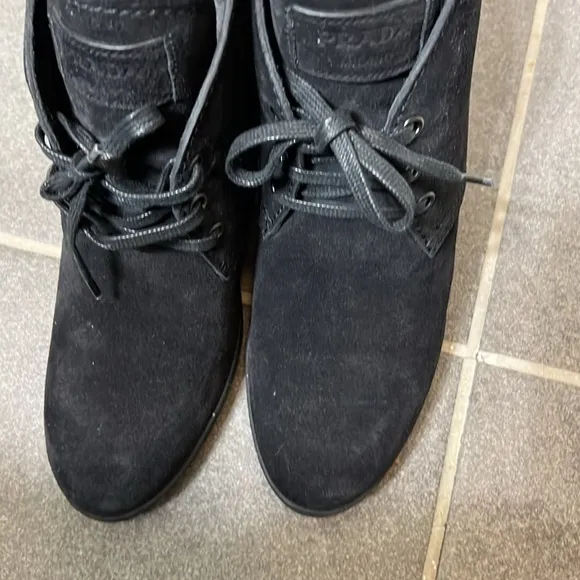 Size 8.5 PRADA women’s dessert black Suede Lace Up Wedge Booties/ boot