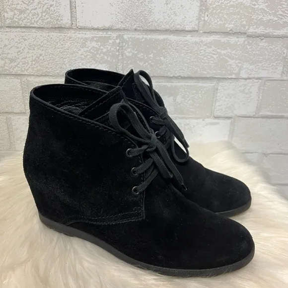 Size 8.5 PRADA women’s dessert black Suede Lace Up Wedge Booties/ boot