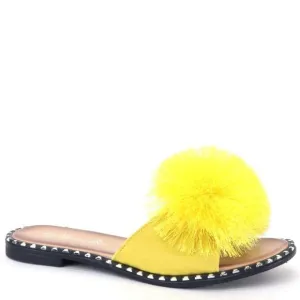 Size 6 Summer Yellow Pom Silver Stud Slide-In Mule Sandal