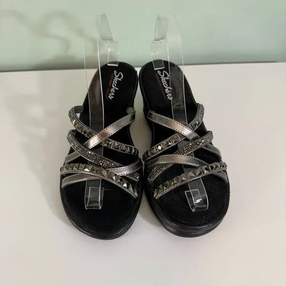 Skechers Wedge Sandals 9 Silver Cali Rumblers Studs Strappy Memory Foam Open Toe