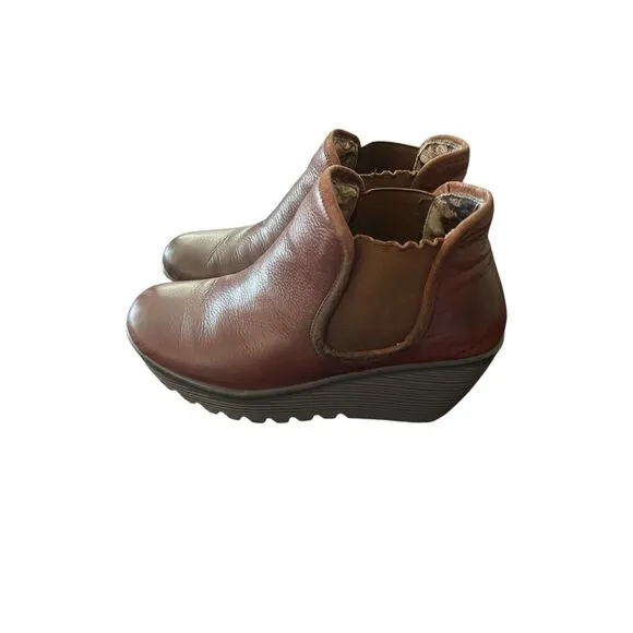 Skechers Womens Brown Leather Platform Wedge Heel Ankle Boots Shoes Size 6.5