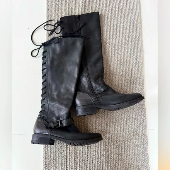 Sofft Black Leather Lace Up Tall Knee High Low Heel Riding Boots Size 7