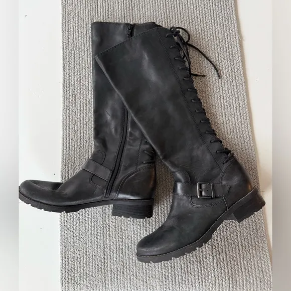 Sofft Black Leather Lace Up Tall Knee High Low Heel Riding Boots Size 7