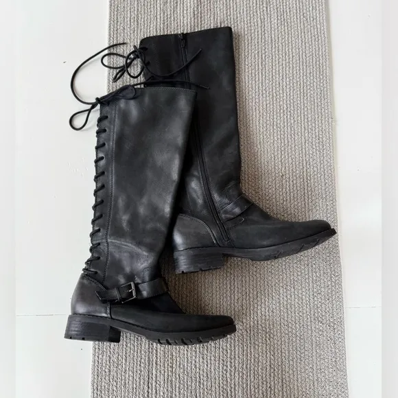 Sofft Black Leather Lace Up Tall Knee High Low Heel Riding Boots Size 7