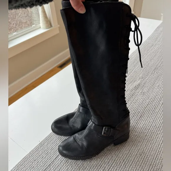 Sofft Black Leather Lace Up Tall Knee High Low Heel Riding Boots Size 7