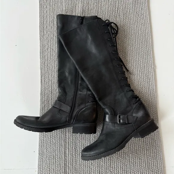 Sofft Black Leather Lace Up Tall Knee High Low Heel Riding Boots Size 7