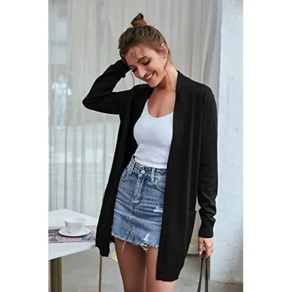 Solid Open Front Long Knited Cardigan Sweater for Women, Black