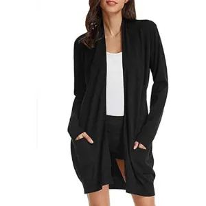Solid Open Front Long Knited Cardigan Sweater for Women, Black