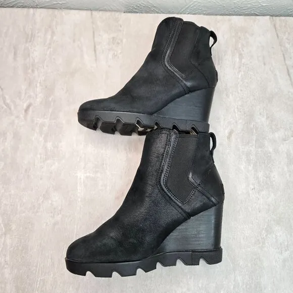 Sorel Ankle Wedge Booties 6.5 Black Leather Casual Chunky Platform Chelsea Boots