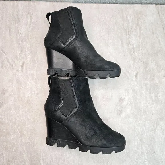 Sorel Ankle Wedge Booties 6.5 Black Leather Casual Chunky Platform Chelsea Boots