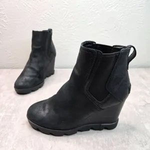Sorel Ankle Wedge Booties 6.5 Black Leather Casual Chunky Platform Chelsea Boots