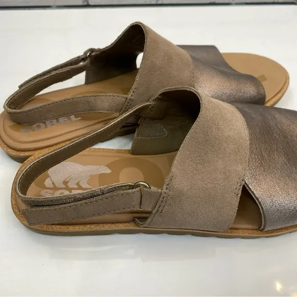Sorel Ella II Slingback Sandals - Metallic Ash Brown Chalk Leather Size 7 NEW
