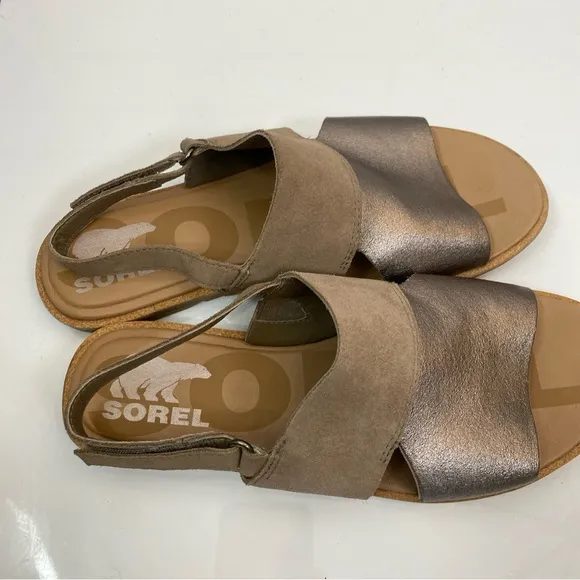 Sorel Ella II Slingback Sandals - Metallic Ash Brown Chalk Leather Size 7 NEW