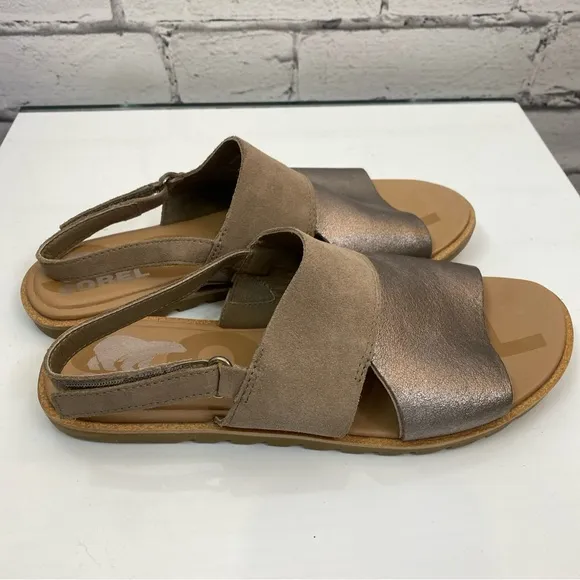 Sorel Ella II Slingback Sandals - Metallic Ash Brown Chalk Leather Size 7 NEW