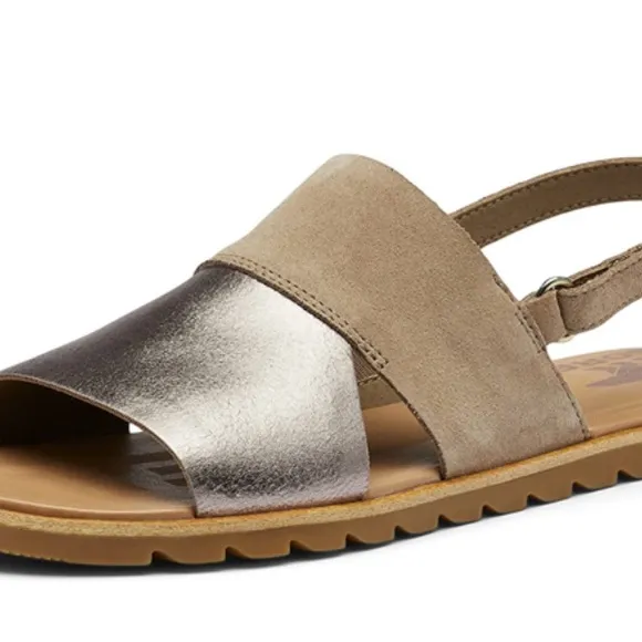 Sorel Ella II Slingback Sandals - Metallic Ash Brown Chalk Leather Size 7 NEW
