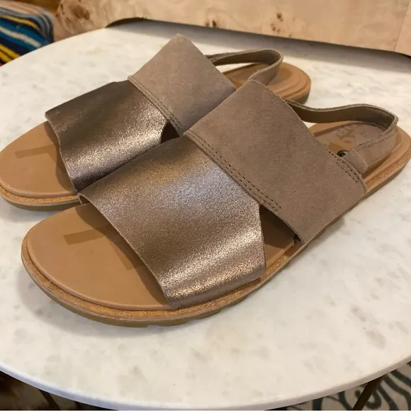 Sorel Ella II Slingback Sandals - Metallic Ash Brown Chalk Leather Size 7 NEW