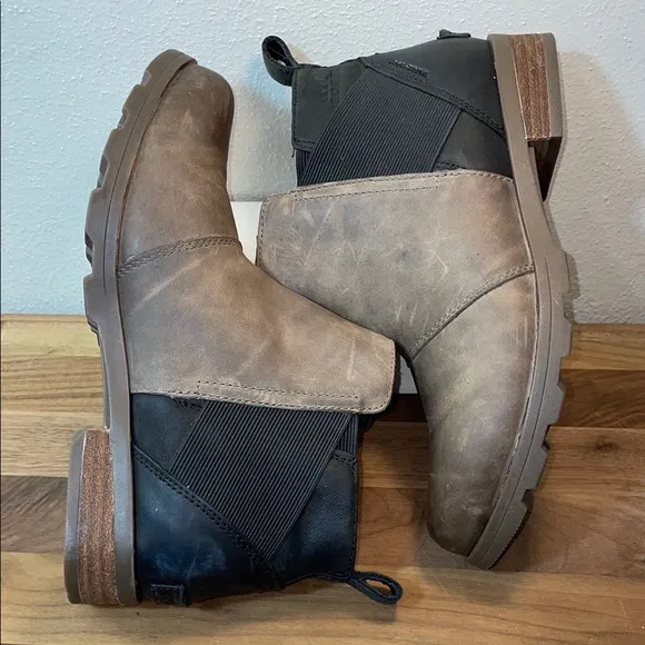 Sorel Emelie Chelsea Leather Color-block Stretch Ankle Boots Moto Minimal Size 8
